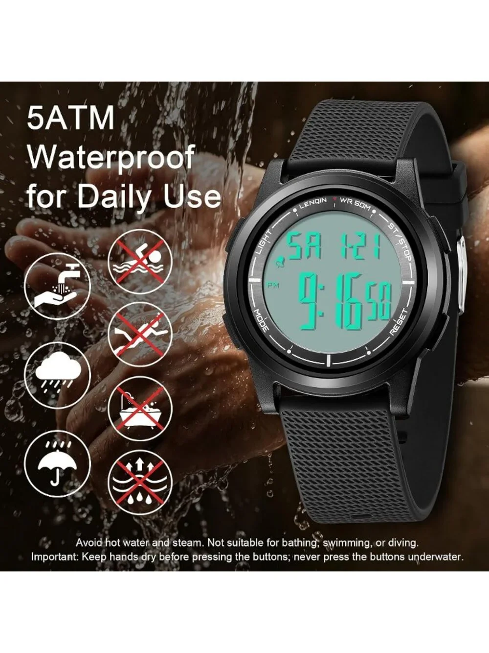 Men's All Black Digital Ultra Thin Sports Waterproof Silicone Band Wrist Watch
